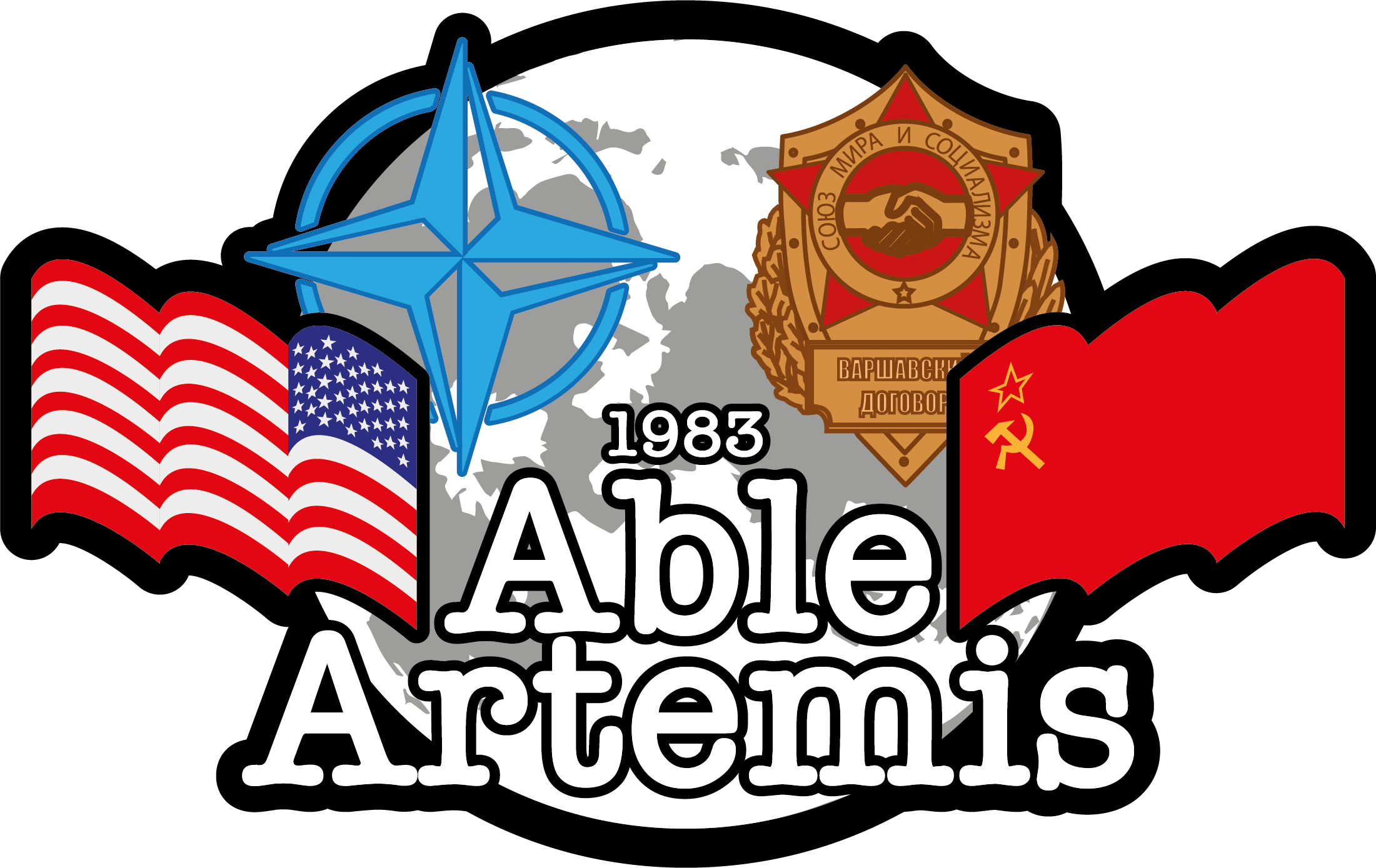 Able Artemis patch logo, US flag and NATO logo on the left, Soviet flag and Soviet military emblem on the right, over a stylised globe